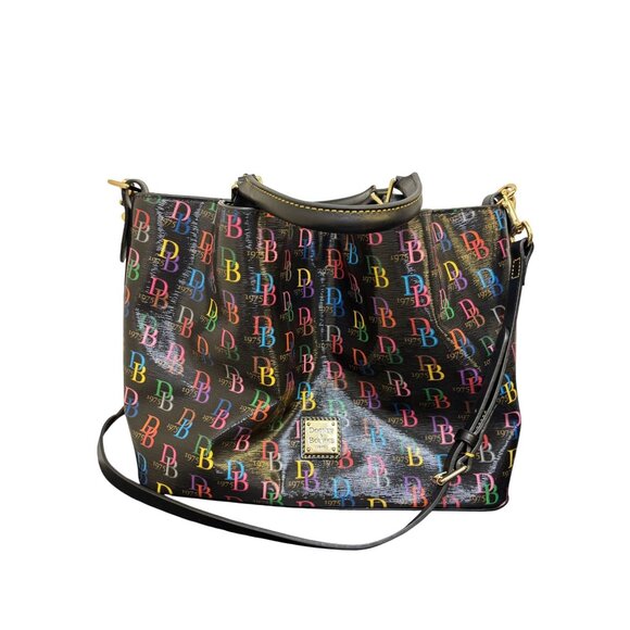 Dooney & Bourke Shoulder Bag With Multicolor DB 1975 Logo Pattern & Leather Stra - Picture 1 of 9